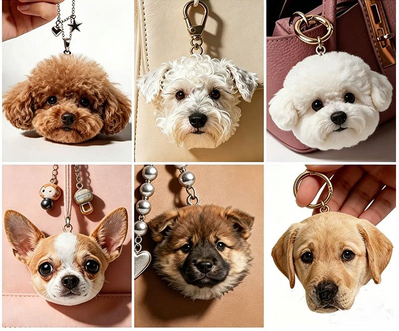 Custom Needle Felt Pet Portrait Keychain & Bag Charm, various breed personalized pet photo bag hanging charms, handmade wool felt dog memorial pendant gift set for dog lovers