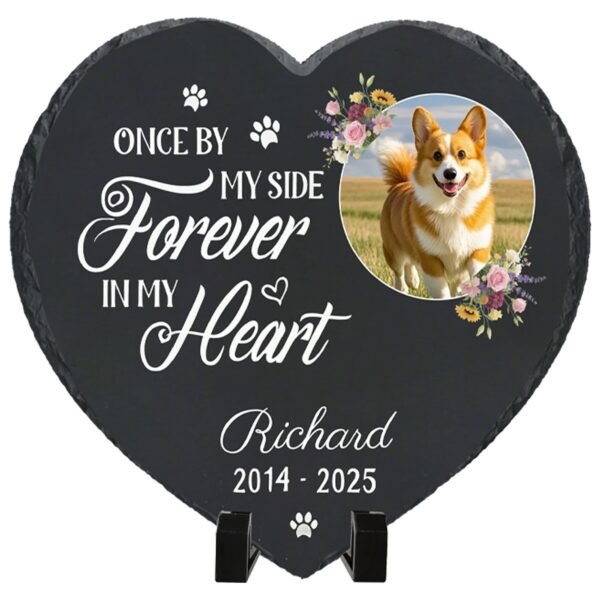 Personalized pet memorial stone with photo, heart-shaped slate grave marker, Forever in My Heart design with floral accents, custom cat and dog remembrance plaque for garden and home