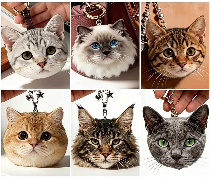 Custom Needle Felt Pet Portrait Keychain & Bag Charm, multi-breed personalized pet photo bag hanging charms, handmade wool felt cat memorial pendant collection for cat lovers