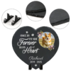 Close-up view of personalized pet memorial stone, showing slate texture, stand details, and the "Forever in My Heart" engraved design with photo, highlighting material quality and craftsmanship