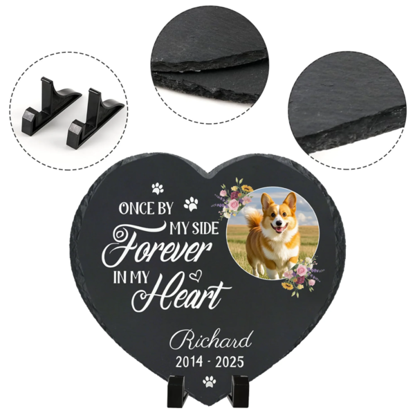 Close-up view of personalized pet memorial stone, showing slate texture, stand details, and the "Forever in My Heart" engraved design with photo, highlighting material quality and craftsmanship