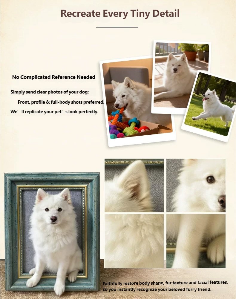 Custom needle felt pet portrait showcase, handmade realistic dog & cat memorial art reproduced from pet photos, detailed fur replica wool craft introduction banner