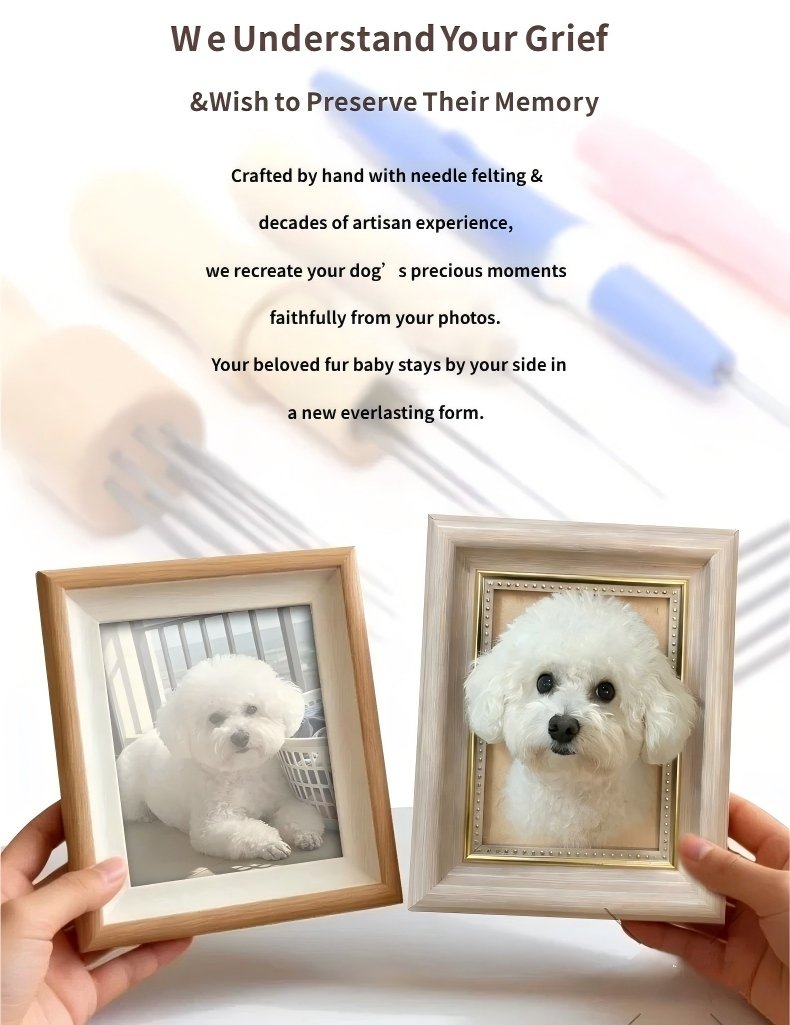 Handmade needle felt pet memorial poster, custom realistic dog portrait framed artwork handcrafted from your pet photo, wool craft keepsake gift for pet loss owners