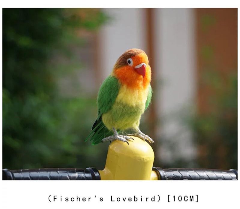 Needle Felted Fischer's Lovebird Figurine, Handmade Orange Green Wool Parrot Perched on Yellow Base Decor