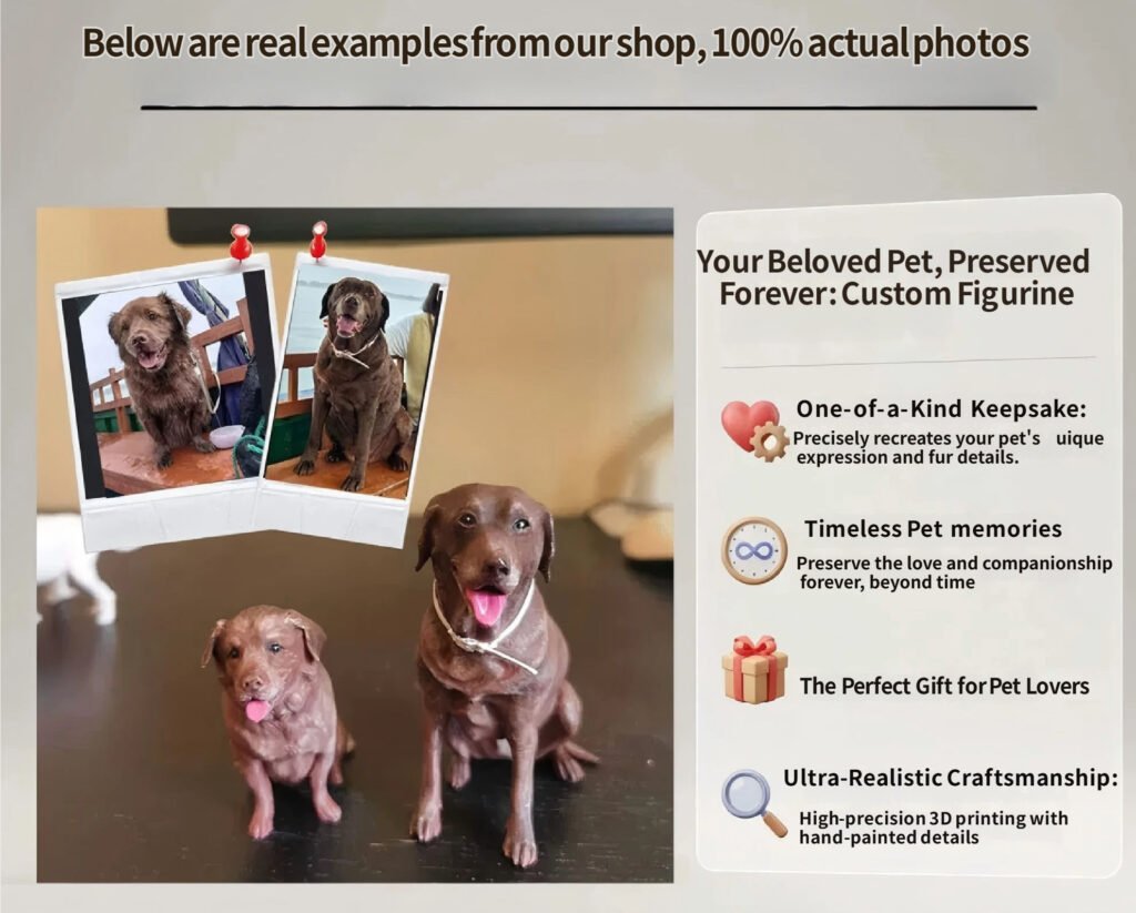 Custom 3D printed pet figurine examples, personalized dog sculptures made from customer photos