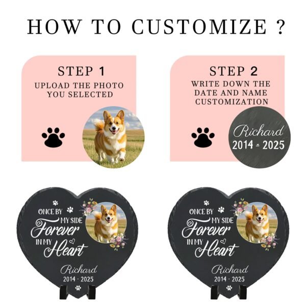 How to customize your personalized pet memorial stone, step-by-step guide to upload pet photo and add name/date, custom heart-shaped slate grave marker process