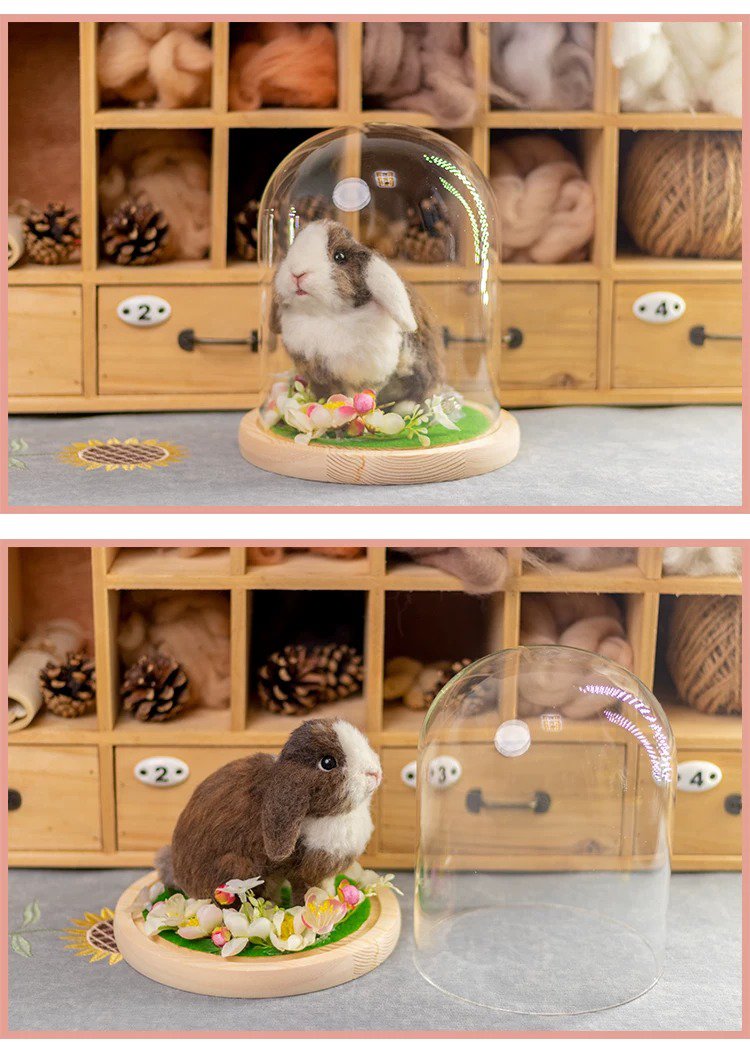 Custom lop-eared rabbit wool felt statue with glass dome cover, personalized pet loss memorial craft from owner’s pet photo