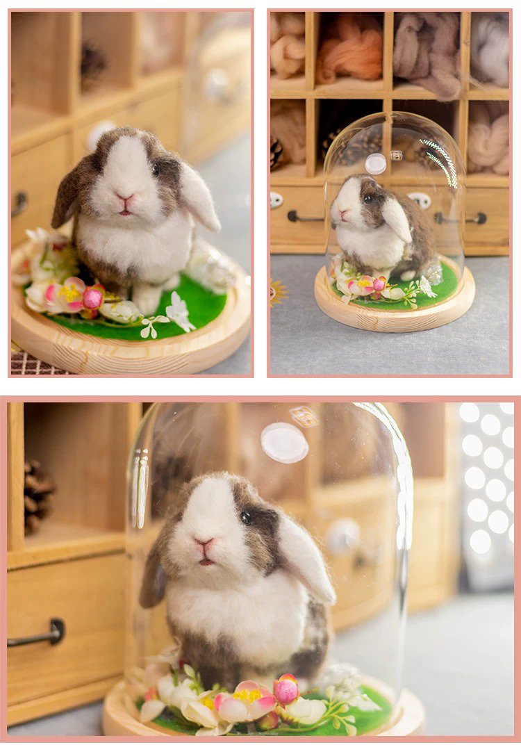 Personalized wool felt lop bunny figurine with glass display dome, custom pet memorial keepsake made from pet’s real-life photos