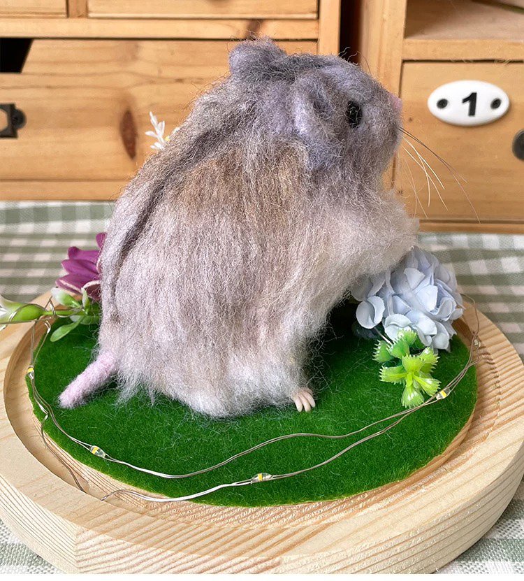 Long-haired hamster wool felt sculpture on moss wooden tray, custom personalized pet memorial figurine from pet photos