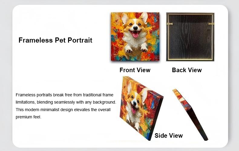 Frameless Custom Pet Portrait Oil Painting - Front/Back/Side View of Canvas Art