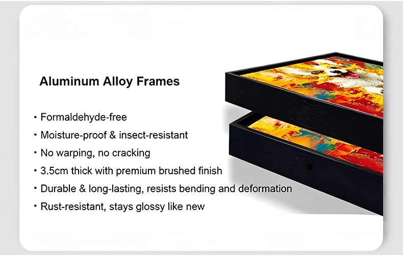 Black aluminum alloy picture frame for pet portrait canvas prints, 3.5cm thick, formaldehyde-free, moisture-proof, insect-resistant, rust-resistant, long-lasting.
