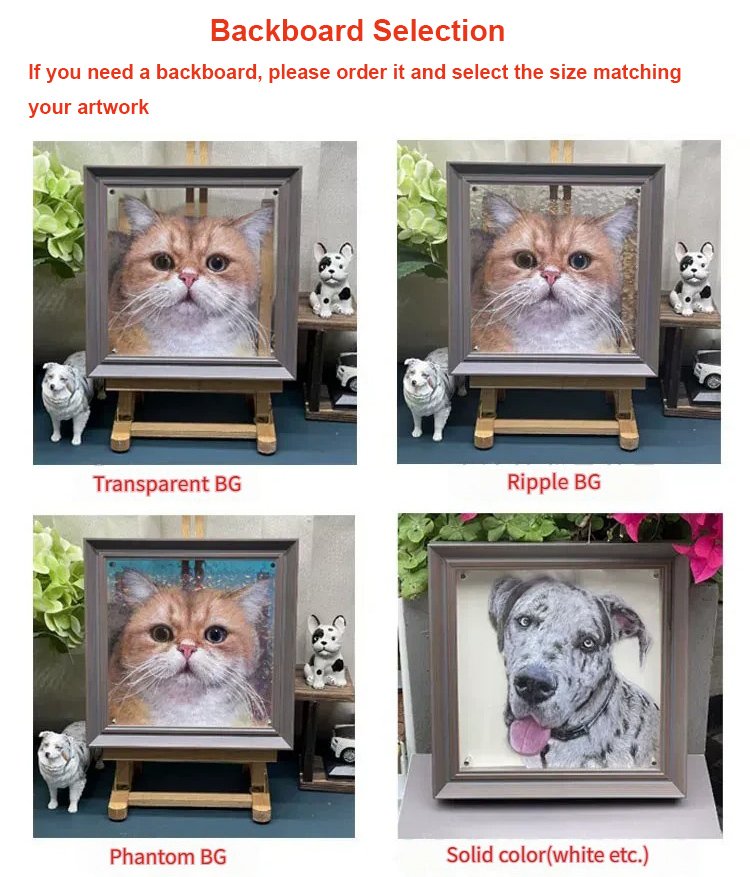 4 Types Backboard Background Options For 3D Layered Acrylic Custom Pet Portrait Frame, Transparent/Ripple/Phantom/Solid White BG