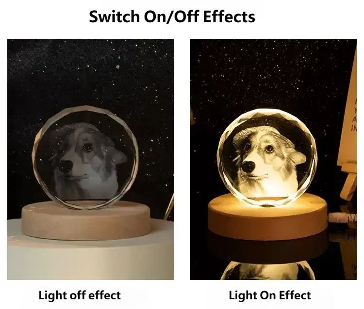 Custom 3D Laser Engraved Crystal Ball Night Light - Switch On/Off Effects, Personalized Pet Photo Memorial Lamp with Wooden LED Base