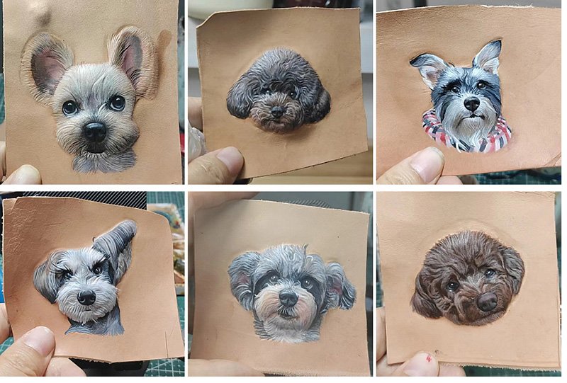 Collage of semi-finished 3D hand carved leather pet portraits, workshop craft photos showing various dog carving works in different painting stages