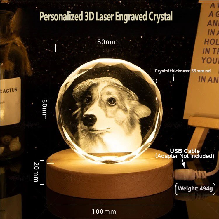 Custom 3D Crystal Pet Photo Ball Night Light with Wooden LED Base