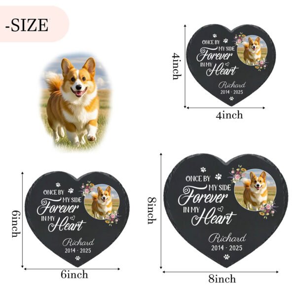 Pet memorial stone size comparison chart, available in 4 inch, 6 inch and 8 inch sizes for personalized heart-shaped slate grave markers with photo