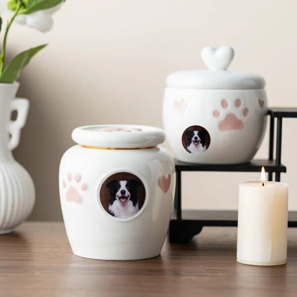 custom photo ceramic pet urn set display, heart lid small ashes jar with paw heart decor for cat and tiny dog memorial