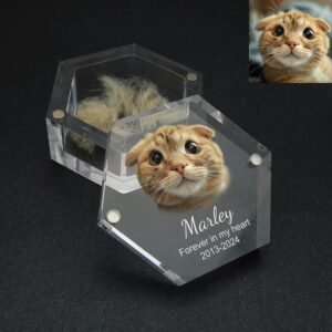 Custom Hexagon Acrylic Pet Hair Memorial Keepsake Box Personalized Hexagon Acrylic Pet Fur Keepsake Box, Custom Engraved Cat Dog Photo Name Date Hair Storage Memorial Gift For Pet Loss Lovers