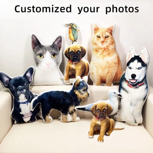 Customize your pet photo to make 3D shaped full body plush pillow, multi-size cutout dog cat bird small pet portrait pillow display