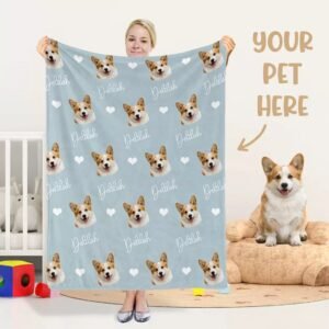 Lifestyle main photo of custom pet photo throw blanket, personalized dog cat portrait fleece memorial blanket for home decor