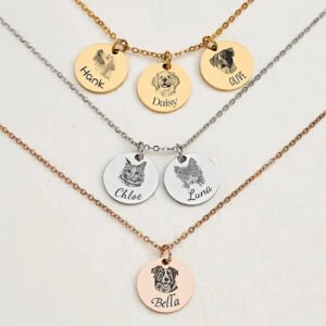Personalized Pet Portrait Disc Necklace Multi Pendants Custom Personalized Pet Photo Engraved Disc Necklace, Stackable Multi Dog Cat Portrait Pendant Jewelry, Gold Silver Rose Gold Dainty Pet Memorial Keepsake Necklace Gift for Pet Lovers