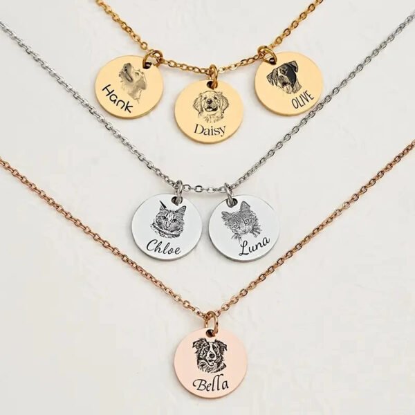 Custom Personalized Pet Photo Engraved Disc Necklace, Stackable Multi Dog Cat Portrait Pendant Jewelry, Gold Silver Rose Gold Dainty Pet Memorial Keepsake Necklace Gift for Pet Lovers