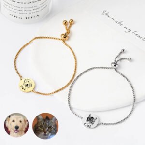 Gold Silver Pet Photo Engraved Bracelet Main Comparison Image Adjustable Custom Pet Portrait Bracelet Two Finishes Gold Silver Stainless Steel, Personalized Laser Engraved Pet Photo Memorial Wrist Jewelry For Dog Cat Lovers