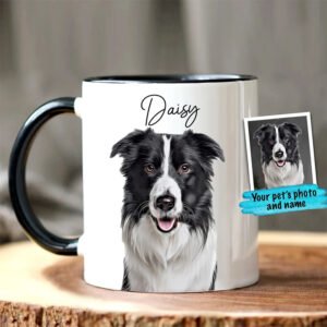 Custom Pet Portrait Ceramic Coffee Mug Black Handle Custom personalized ceramic coffee mug with dog portrait and custom name, custom pet photo memorial gift mug for pet lovers