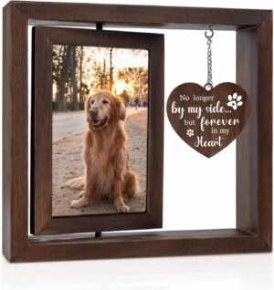Rotating wooden pet memorial photo frame with heart charm, dog remembrance gift