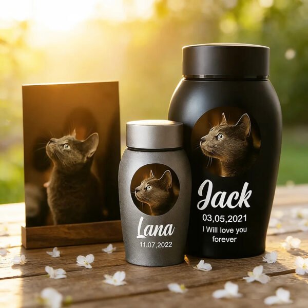 Custom Engraved Stainless Steel Pet Urns For Dog Cat Ashes, Personalized Pet Photo Name Date Cremation Memorial Jar Black Silver Two Sizes
