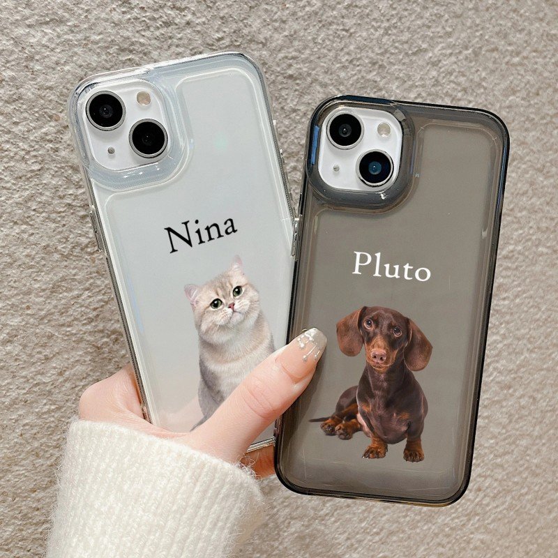 Two personalized custom pet photo phone cases, clear transparent and smoky black cover printed with cat and dog portrait and custom pet names
