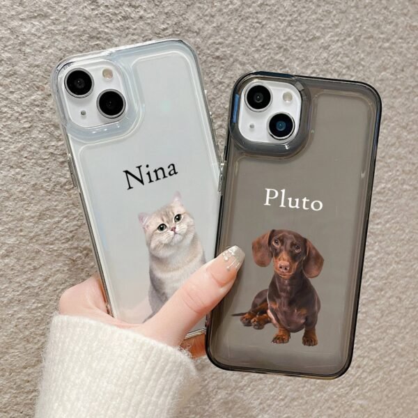 Two personalized custom pet photo phone cases, clear and frosted transparent cover with cat and dog portrait and custom pet names