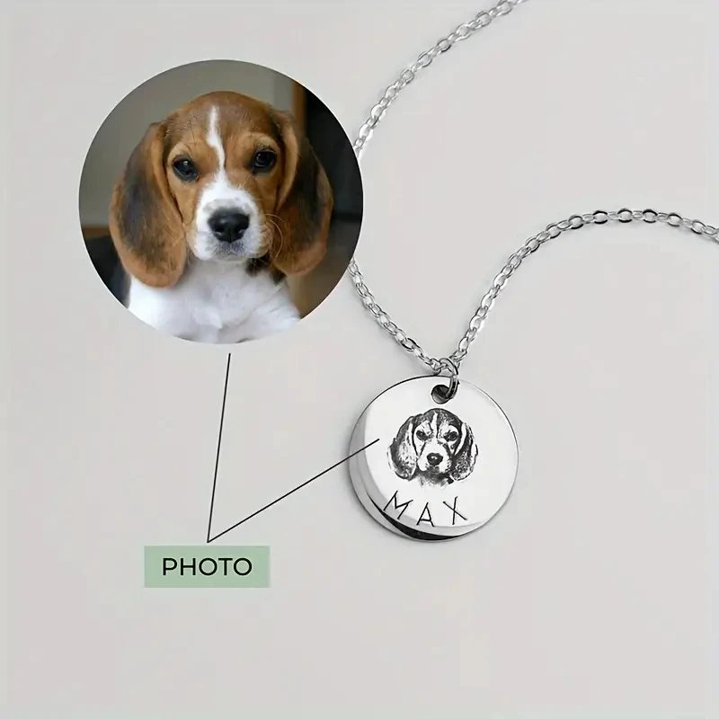 Custom Pet Photo Upload Demo Silver Disc Necklace, Personalized Engraved Dog Portrait Pendant, Customization Guide for Pet Memorial Jewelry