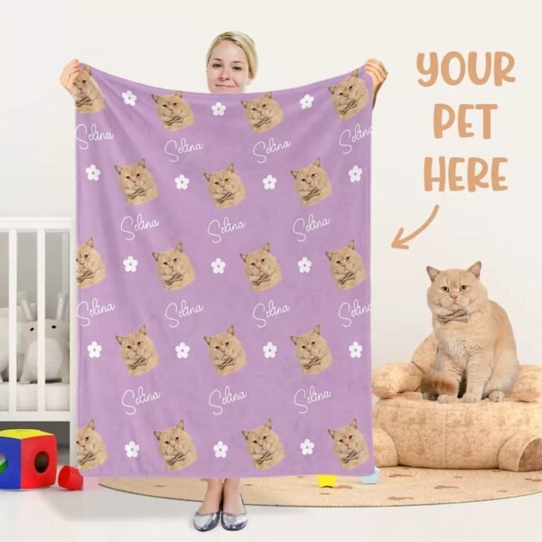 Custom pet photo pattern fleece throw blanket display, personalized repeating dog cat portrait memorial blanket lifestyle picture
