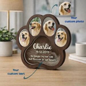 Paw Shaped Custom Wooden Pet Fur Keepsake Box With Multi Pet Photo Frame & Engraved Name Date, Pet Loss Memorial Storage Box For Dog Cat Hair Ashes