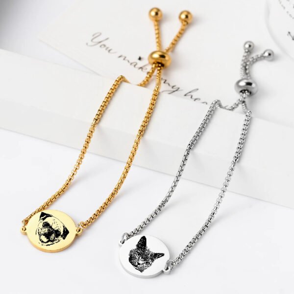 Gold & Silver Adjustable Custom Pet Portrait Bracelet, Laser Engraved Stainless Steel Pet Photo Memorial Wrist Jewelry For Dog Cat Mom
