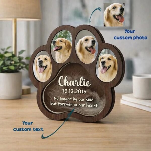Paw Shaped Custom Wooden Pet Fur Keepsake Box With Multi Pet Photo Frame & Engraved Name Date, Pet Loss Memorial Storage Box For Dog Cat Hair Ashes