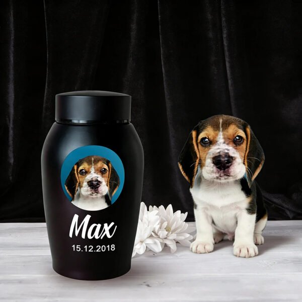 Custom Engraved Black Stainless Steel Pet Urn, Personalized Dog Photo Name Date Cremation Ashes Jar With Real Puppy Display Shot