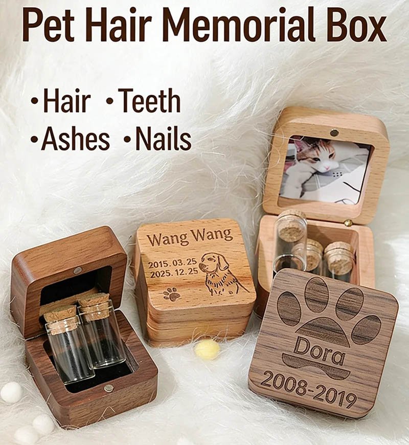 Custom Wooden Pet Hair Memorial Keepsake Box with Glass Vials, Storage for Pet Hair, Teeth, Nails, Ashes, Personalized Engraved Remembrance Gift for Dog & Cat Owners