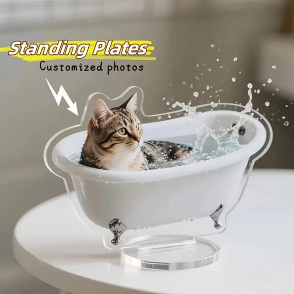 Custom cat photo acrylic standee, personalized pet portrait bathtub shaped desktop display ornament