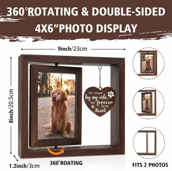 360 Rotating Double Sided Wooden Pet Memorial Photo Frame, 4x6 Custom Dog Cat Remembrance Picture Frame with Engraved Heart Tag, Pet Loss Keepsake Gift Size Chart