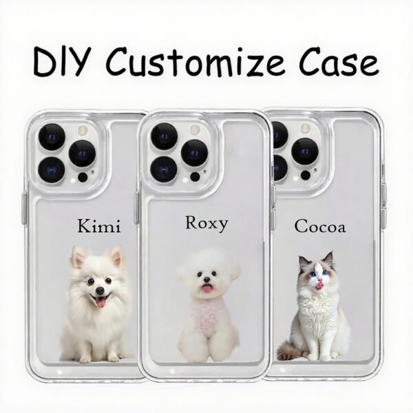 Multiple personalized custom pet photo phone cases with pet names, customized dog cat portrait clear phone covers