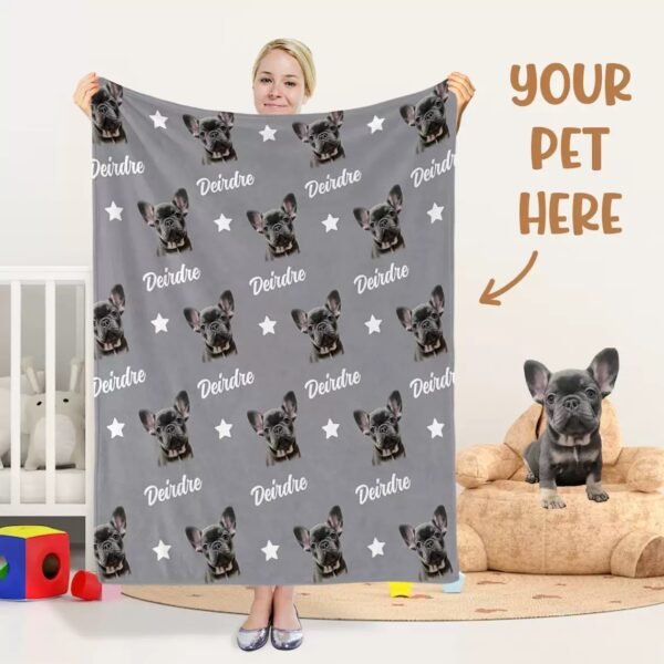 Dark gray all-over custom pet photo fleece throw blanket, personalized repeating dog cat portrait memory blanket home lifestyle shot
