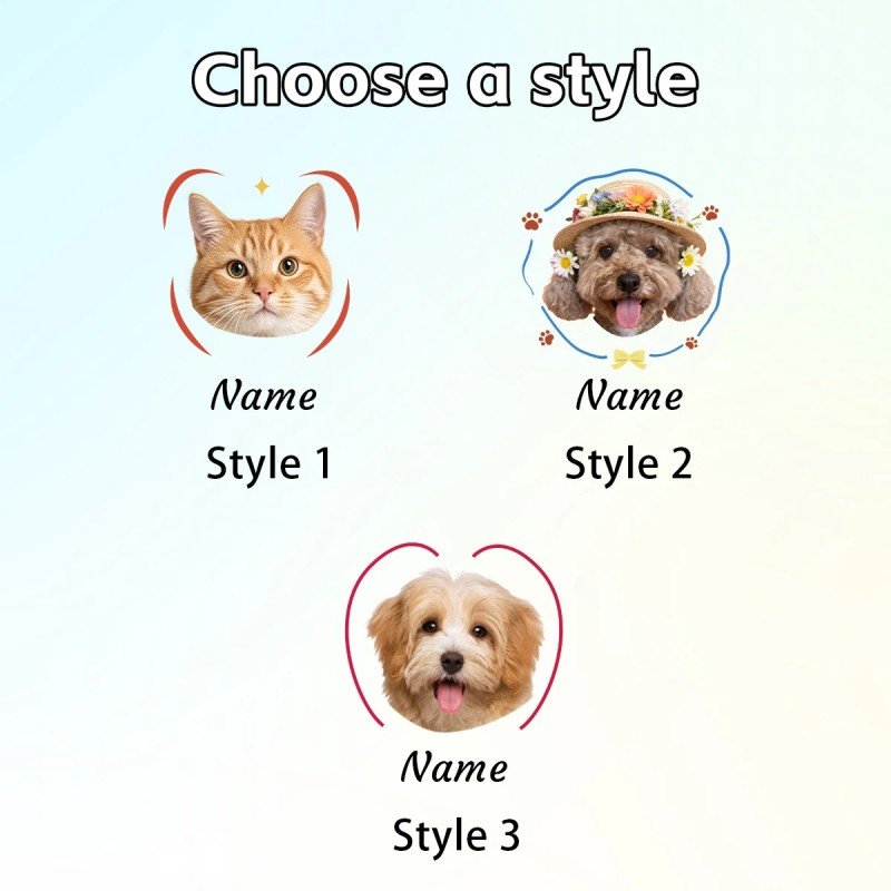 Three decorative frame styles for custom pet portrait temporary tattoos, personalized cat and dog tattoo sticker with custom pet name
