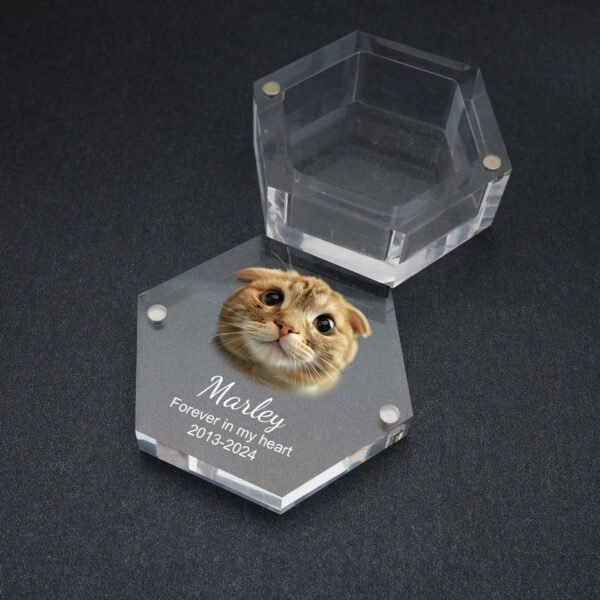 Open Hexagon Acrylic Pet Fur Keepsake Box, Custom Engraved Cat Photo Name Date Pet Hair Storage Memorial Box For Pet Loss Memory