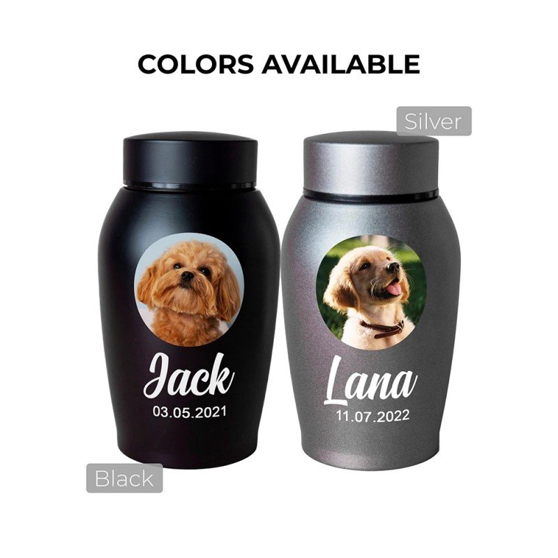 Color Options Guide For Custom Stainless Steel Pet Cremation Urn, Black And Silver Two Finishes Personalized Dog Cat Ashes Storage Memorial Jar