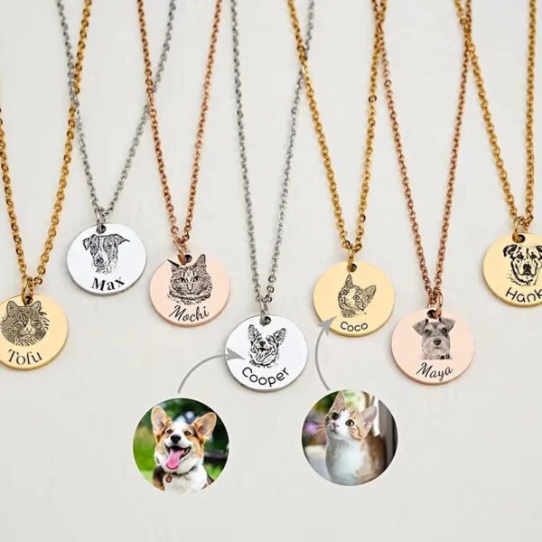 Custom Multi-Pendant Pet Photo Engraved Disc Necklace, Personalized Stackable Dog Cat Portrait Jewelry in Gold Silver Rose Gold, Custom Pet Memorial Keepsake Necklace for Pet Lovers