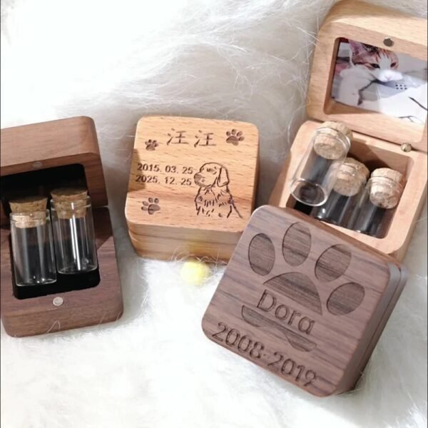 Personalized Beech Wood Pet Hair Keepsake Box Custom Engraved Paw Print Storage Box With Glass Vials, Memorial Container for Cat Dog Fur Teeth Ashes, Pet Loss Sympathy Gift