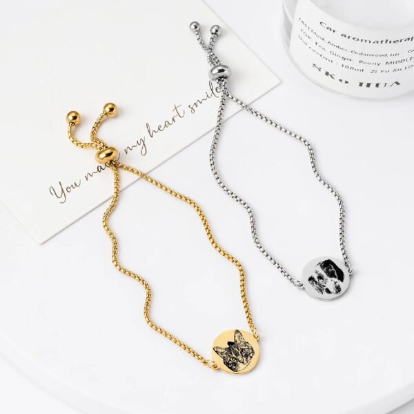Gold Silver Adjustable Pet Portrait Bracelet, Custom Laser Engraved Stainless Steel Pet Photo Memorial Wrist Jewelry For Cat & Dog Lovers