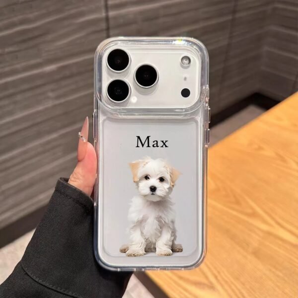 Hand holding custom pet photo clear phone case with dog portrait and personalized pet name Max